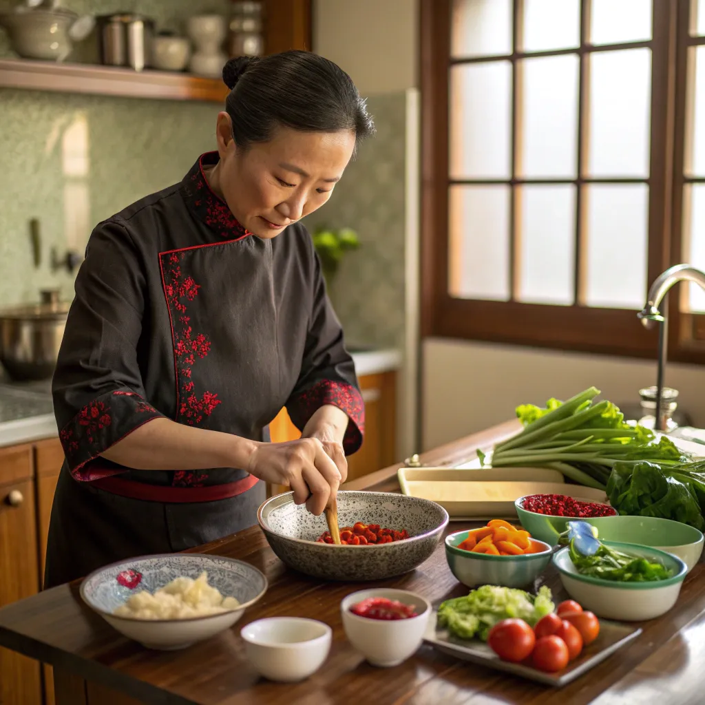 Emily Chen preparing a traditional Chinese dish