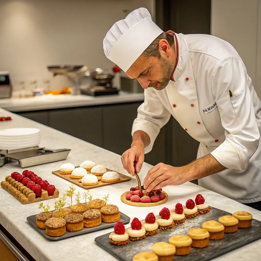 Chef demonstrating fine art of French pastry